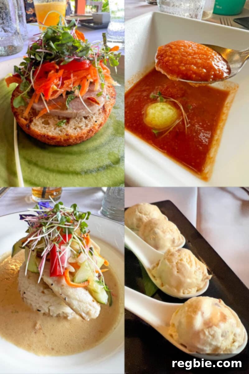A tantalizing collage of four exquisite dishes, part of the early bird prix-fixe gluten-free menu at Hukilau Lanai in Kauai, highlighting fresh seafood and vibrant presentation.