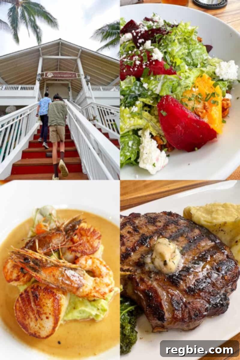 A vibrant collage depicting the exquisite food and beautiful setting of Merriman's restaurant in Poipu, Kauai, showcasing fresh ingredients and a refined dining atmosphere.