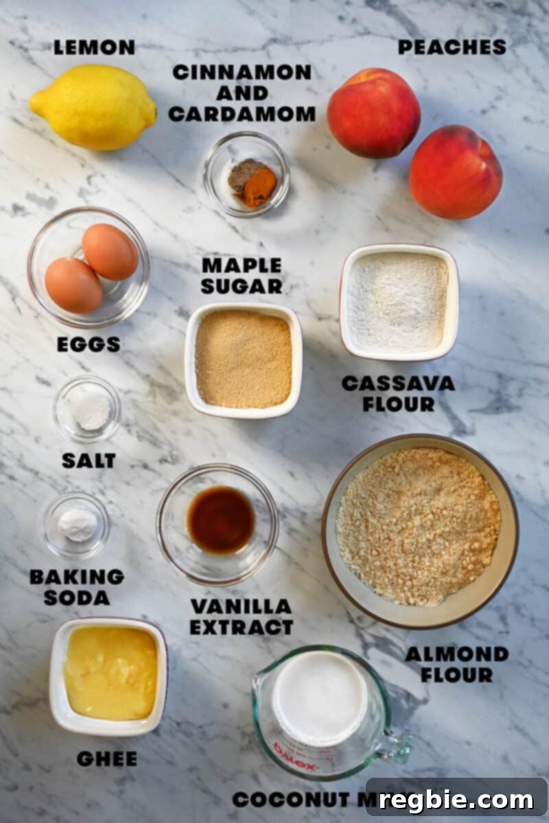 Peach Cloud Cake Paleo Gluten Free 5 An overhead shot of the labelled raw ingredients to make a paleo and gluten free peach cake.