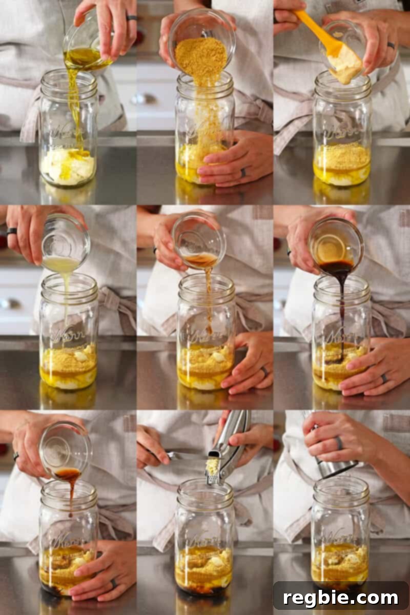 Creamy Dairy Free Caesar Dressing Whole30 Keto 5 A sequence of photos that visually guide the process of adding ingredients to a mason jar, demonstrating the ease of making Whole30 Caesar dressing.