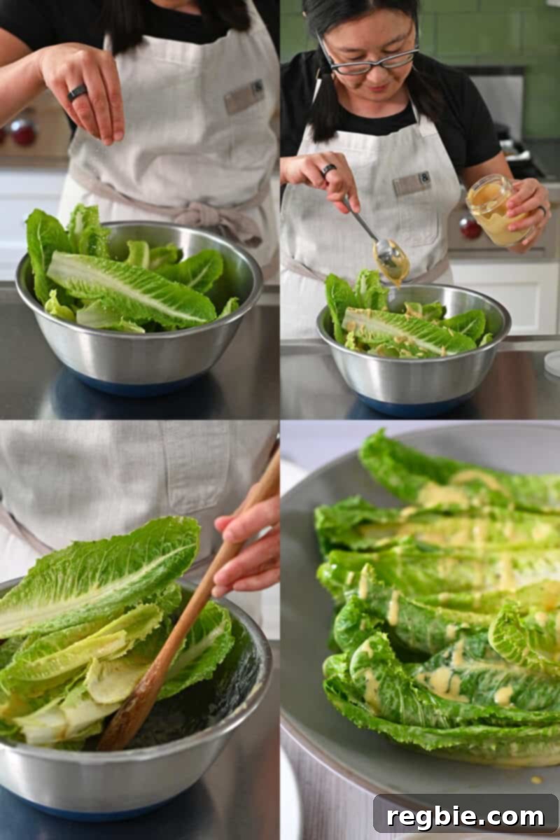 Creamy Dairy Free Caesar Dressing Whole30 Keto 8 A series of photos demonstrating the steps to assemble a Whole30 and dairy-free Caesar salad, from dressing the lettuce to adding toppings.