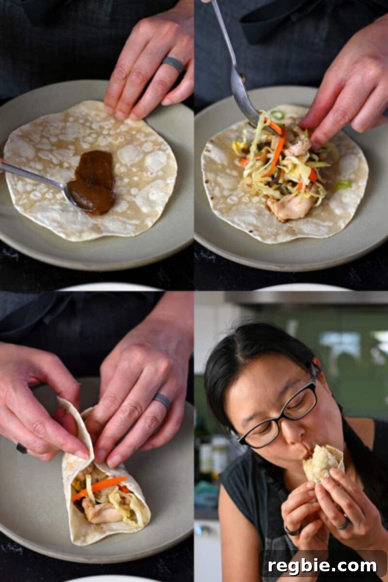 The steps that show how to eat Moo Shu Chicken: Slather hoisin sauce on a wrapper, add the filling, roll it up in the wrapper, and take a bite for a delightful experience.