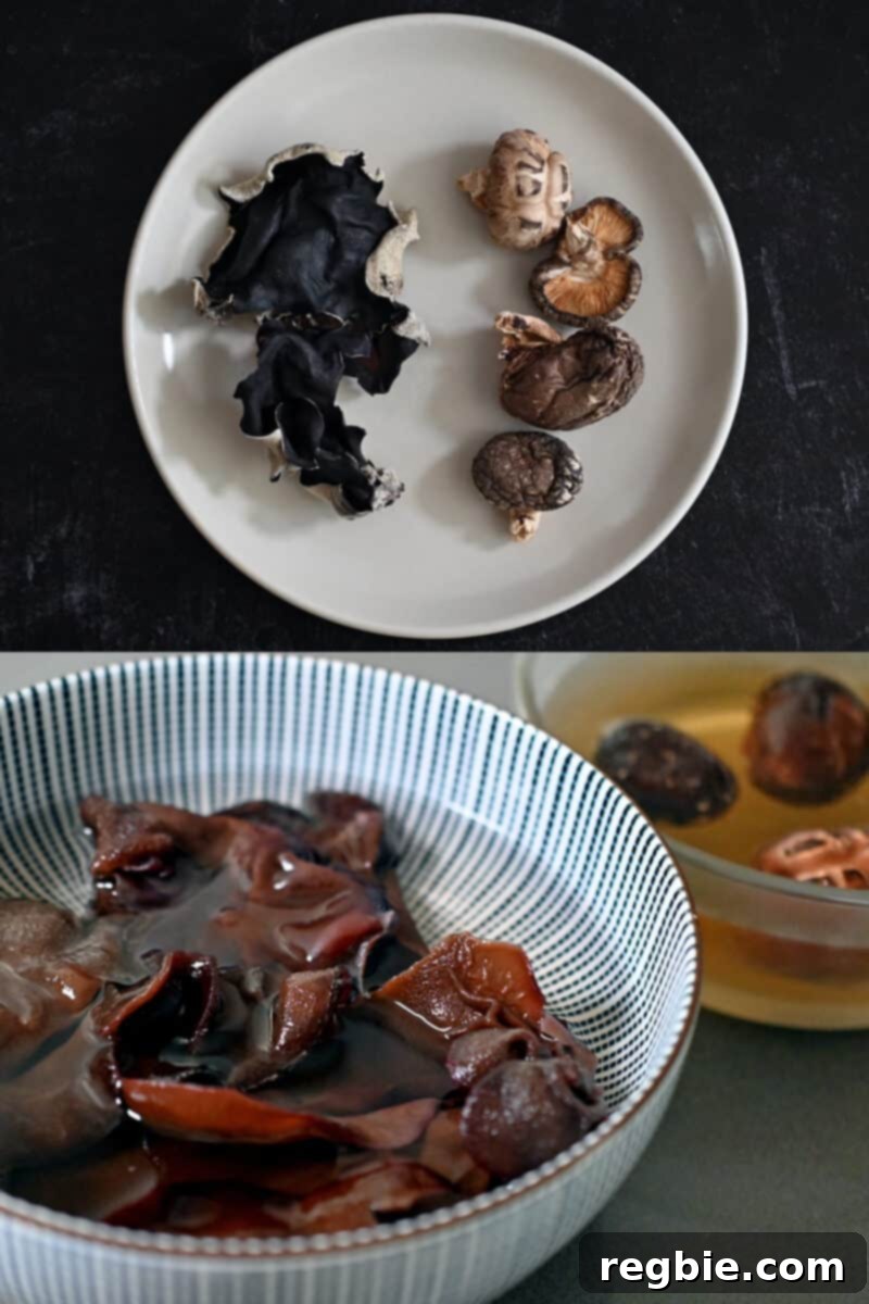 An overhead shot of dried wood ear mushrooms and shiitake mushrooms on a plate and soaking in two bowls of water, ready for rehydration.