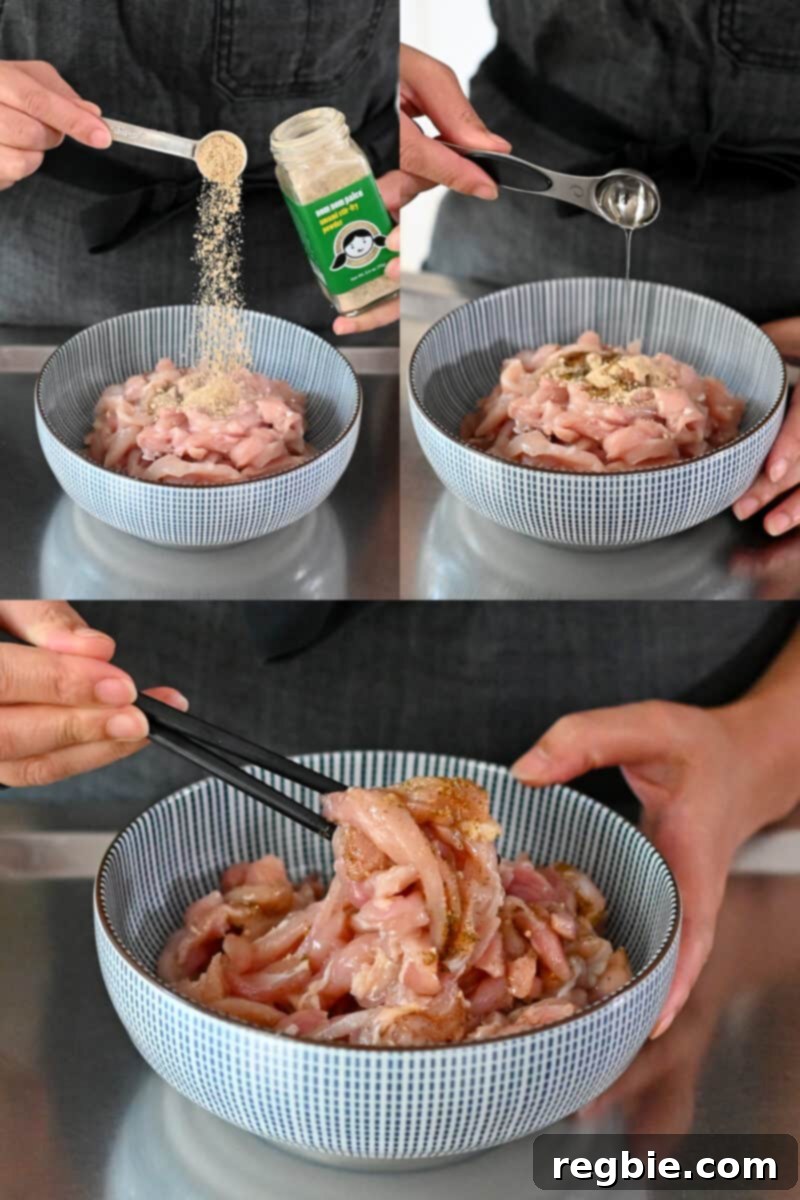 Seasoning thinly sliced raw chicken thighs with Umami Stir-Fry Powder and oil and tossing everything with chopsticks to coat evenly.