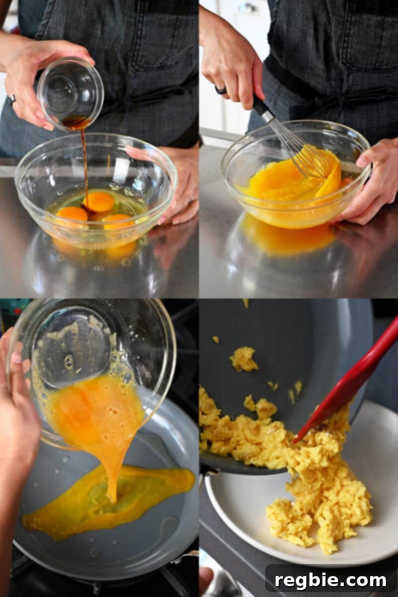 Seasoning raw eggs in a glass bowl with fish sauce and whisking them up before cooking them in a pan to fluffy perfection.