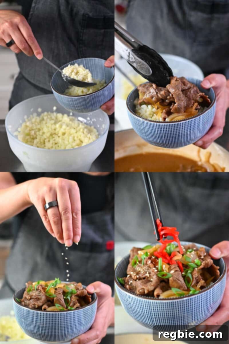 Four pictures showing someone assembling a paleo and low carb Gyudon, Japanese beef bowl, with cauliflower rice, beef, scallions, sesame seeds, and pickled red ginger.