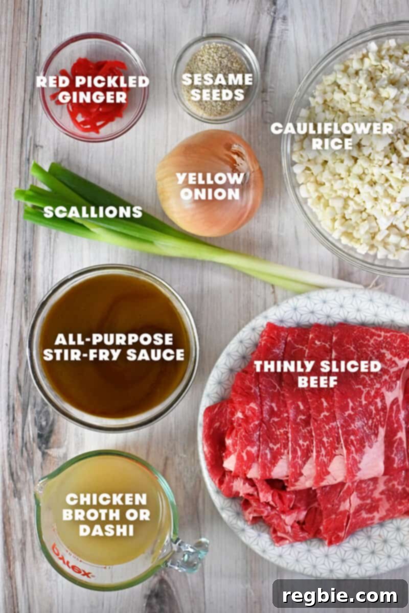 An overhead shot of the raw ingredients to make healthy gyudon, Japanese beef bowl.