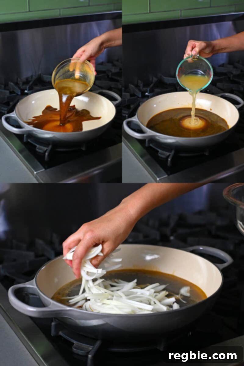 Three pictures showing a hand adding a brown liquid to a cast iron skillet, broth, and sliced raw onions for healthy gyudon.