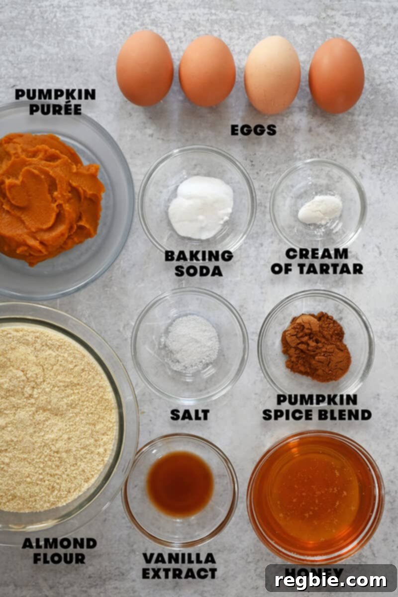 Guilt Free Paleo Pumpkin Bars 4 The raw ingredients meticulously laid out to make paleo and gluten free pumpkin bars, including almond flour, pumpkin puree, eggs, and spices.