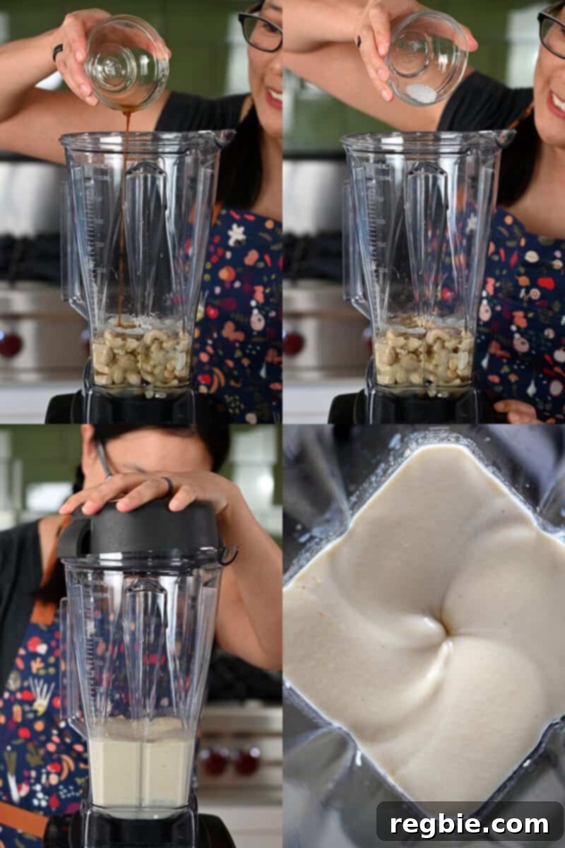 Four sequential photos illustrating the process of making vegan cream cheese frosting in a Vitamix blender, from ingredients to a smooth blend.