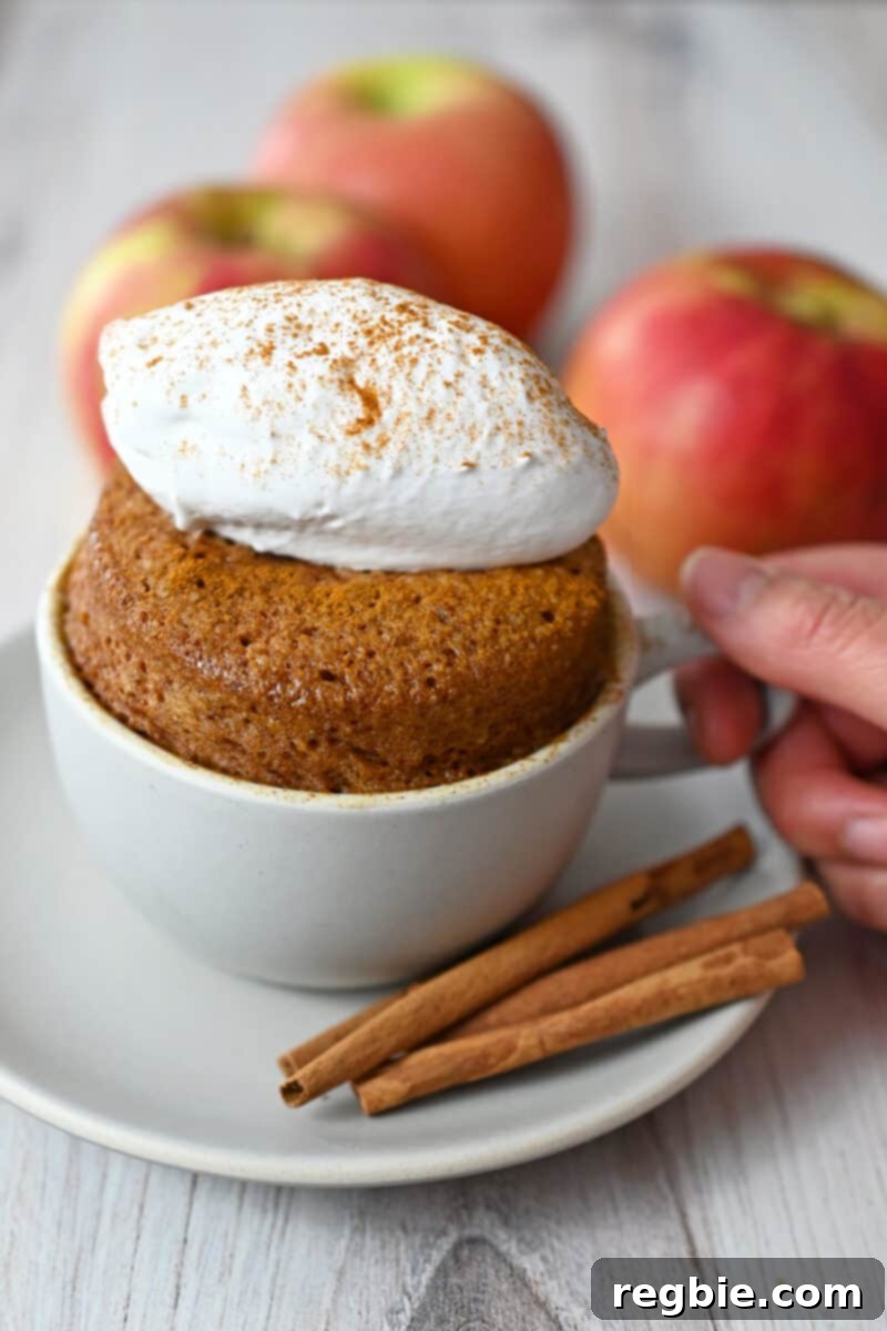 A side shot of a beautifully garnished gluten-free cinnamon apple mug cake, showcasing its perfect rise and inviting texture.