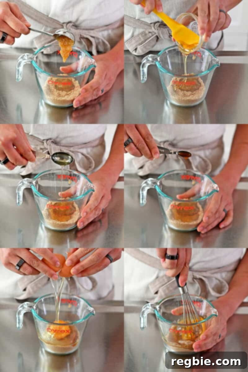 A series of dynamic photos showing someone carefully adding the wet ingredients one by one into the dry mixture for the apple mug cake, then stirring it vigorously.