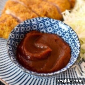 Healthy & Delicious Tonkatsu Sauce (Paleo, Whole30, Vegan) 13 A closeup shot of a small blue bowl filled with homemade Tonkatsu Sauce next to a fried Japanese pork cutlet and shaved cabbage.