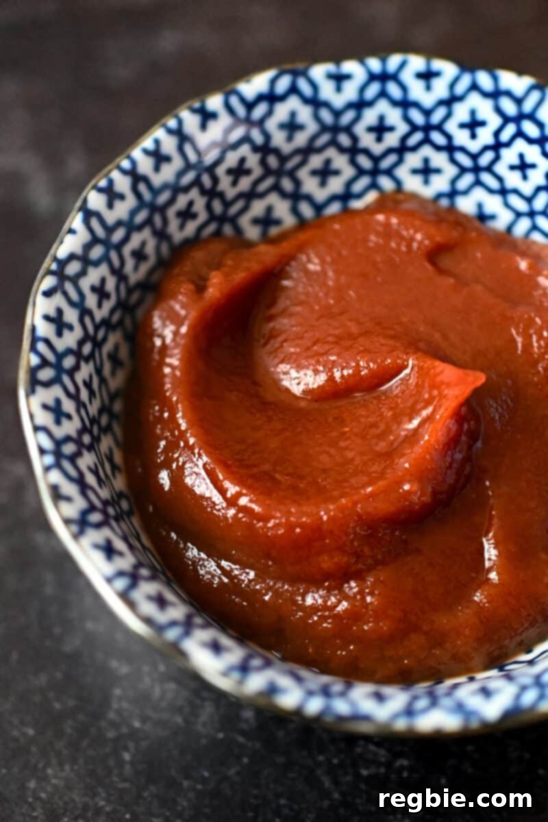 Healthy & Delicious Tonkatsu Sauce (Paleo, Whole30, Vegan) 5 A closeup of vibrant homemade Tonkatsu Sauce in a blue and white shallow bowl, showcasing its appetizing color and texture.