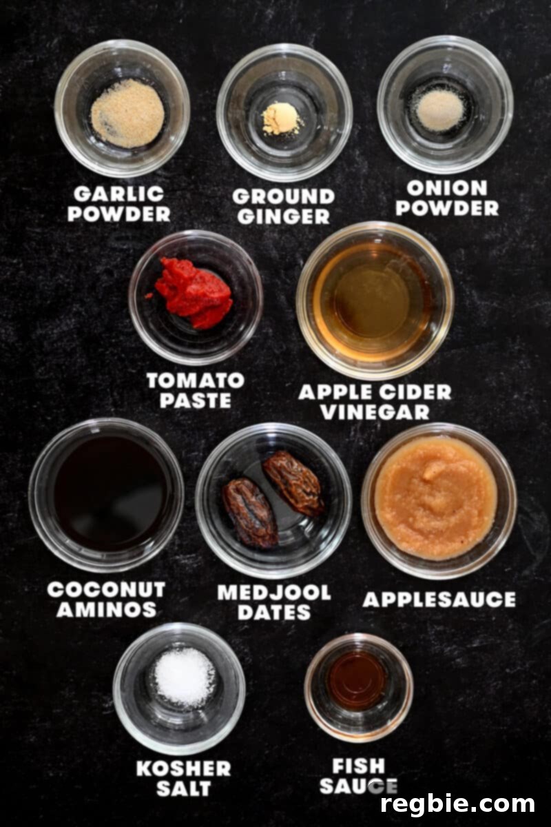 Healthy & Delicious Tonkatsu Sauce (Paleo, Whole30, Vegan) 6 An overhead shot of the raw ingredients neatly arranged, ready to make healthy homemade Tonkatsu Sauce.