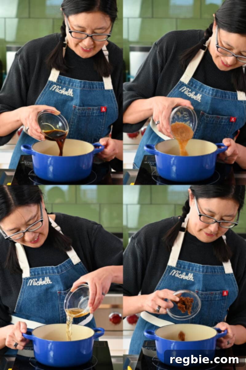 Healthy & Delicious Tonkatsu Sauce (Paleo, Whole30, Vegan) 7 Four process shots showing an Asian woman adding coconut aminos, applesauce, apple cider vinegar, and chopped dates into a blue saucepan for Tonkatsu Sauce.