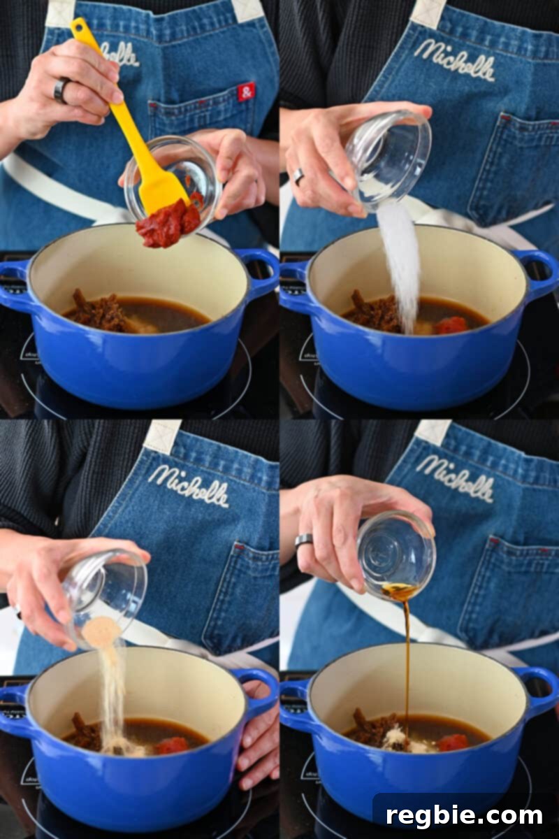Healthy & Delicious Tonkatsu Sauce (Paleo, Whole30, Vegan) 8 A series of four shots showing someone adding tomato paste, salt, spices, and fish sauce to a saucepan to make homemade Tonkatsu Sauce, completing the ingredient list.