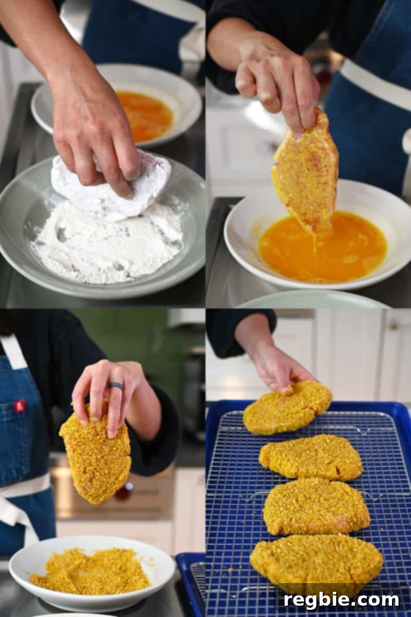 A sequence of photos showing the breading process: dipping a boneless pork chop in cassava flour, then egg wash, and finally in crushed plantain chips to create paleo tonkatsu.