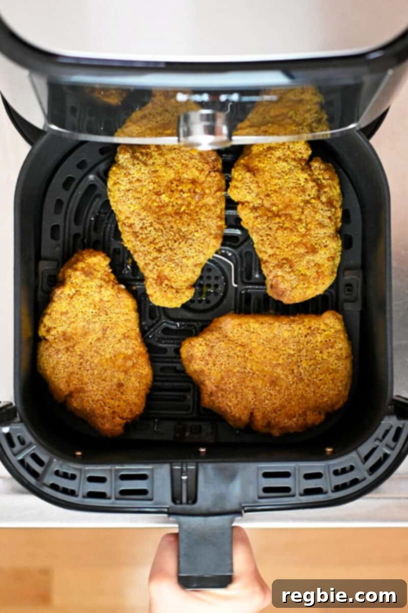 An overhead shot of an open air fryer with perfectly golden brown, crispy tonkatsu inside, just finished cooking.