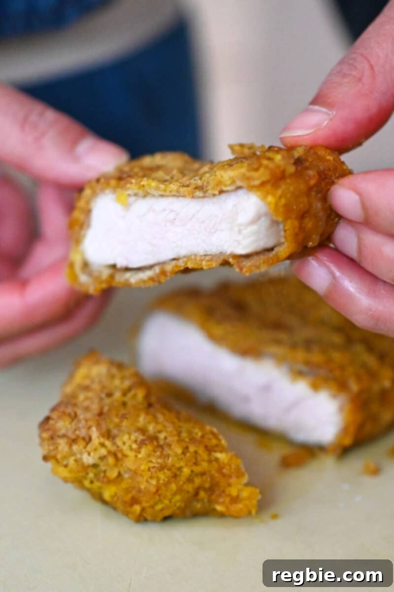 Two hands are holding a perfectly sliced piece of paleo and gluten-free air fryer tonkatsu, showcasing its crispy exterior and tender interior.