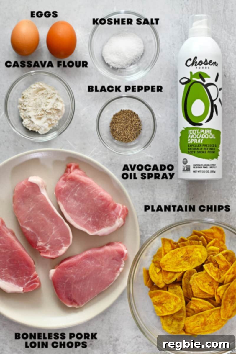 An overhead shot of all the raw ingredients neatly laid out to make paleo, gluten-free, grain-free air fryer tonkatsu or pork katsu.