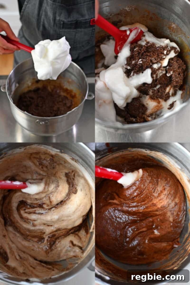 Caprese Chocolate Almond Torte 16 A four-step process shot that shows how to carefully fold whipped egg whites into the Torta Caprese batter.