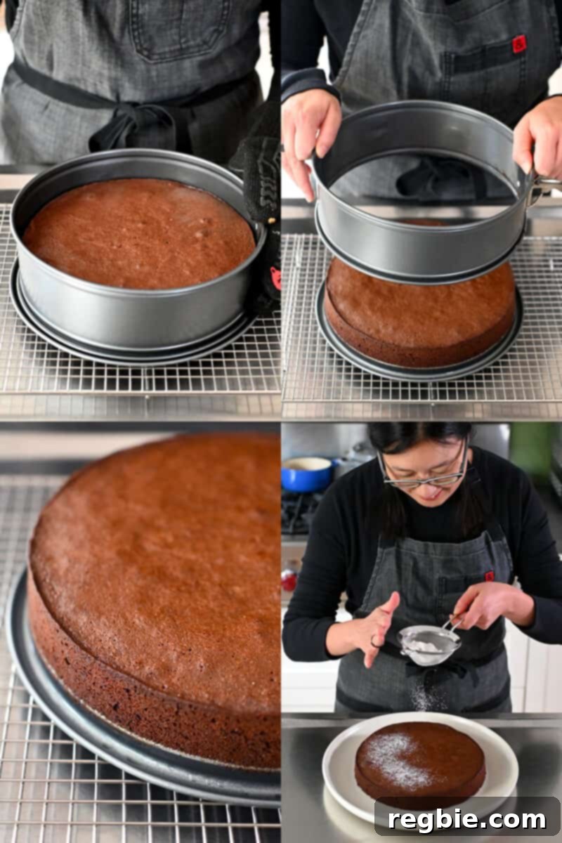 Caprese Chocolate Almond Torte 19 Four sequential photos that show a Torta Caprese cooling on a wire rack and removing the spring form pan sides before dusting on some powdered sugar.