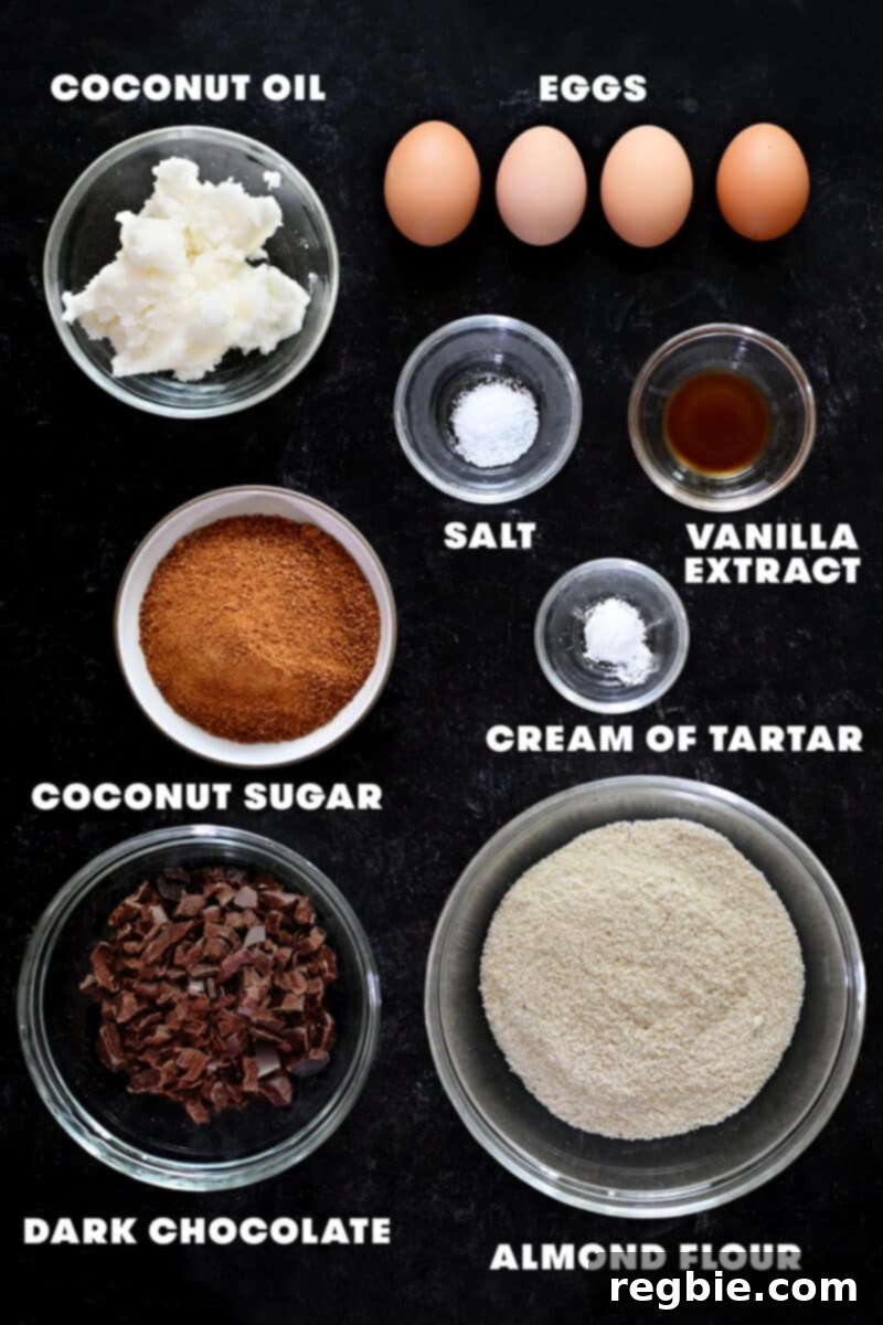Caprese Chocolate Almond Torte 5 An overheard shot of the raw ingredients to make paleo Torta Caprese, an Italian almond flour chocolate cake.