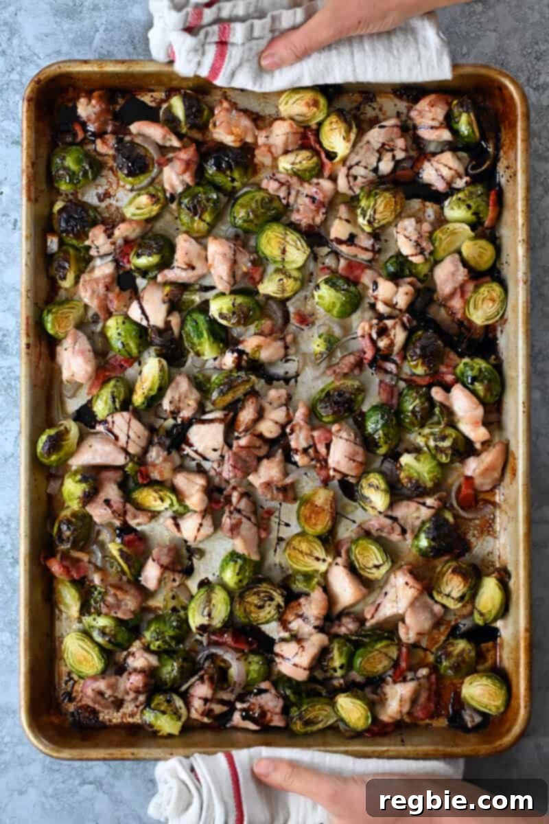 One Pan Chicken and Crispy Brussels Bake 2 An overhead shot of two hands holding a sheet pan filled with golden-brown chicken, roasted Brussels sprouts, and crispy bacon, garnished and ready to serve.