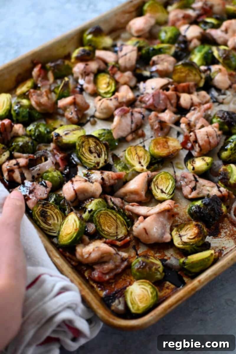 One Pan Chicken and Crispy Brussels Bake 3 A side view of a hand holding a pan of perfectly cooked chicken thigh cubes and golden-brown Brussels sprouts.