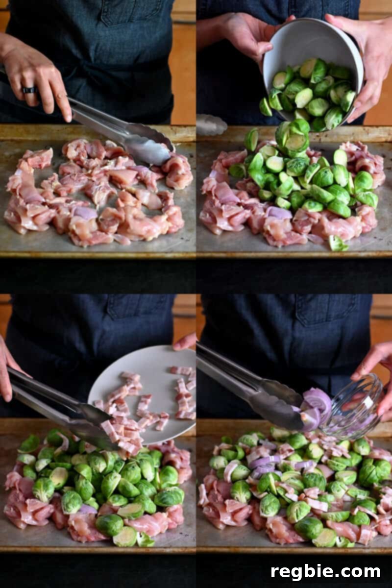 One Pan Chicken and Crispy Brussels Bake 5 A sequence of four shots showing chicken thighs, Brussels sprouts, bacon, and shallots being added one by one to a baking sheet, illustrating the initial layering of ingredients.