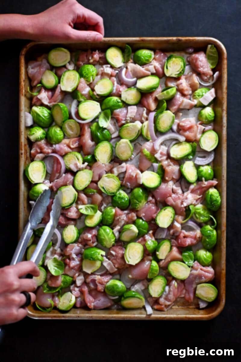 One Pan Chicken and Crispy Brussels Bake 8 An overhead view of tongs meticulously rearranging the chicken, Brussels sprouts, and bacon on the sheet pan into a single, uncrowded layer.