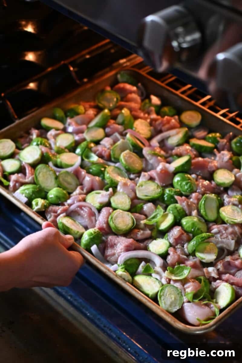 One Pan Chicken and Crispy Brussels Bake 9 A sheet pan with chicken and Brussels sprouts being carefully placed into the hot oven for the initial cooking phase.