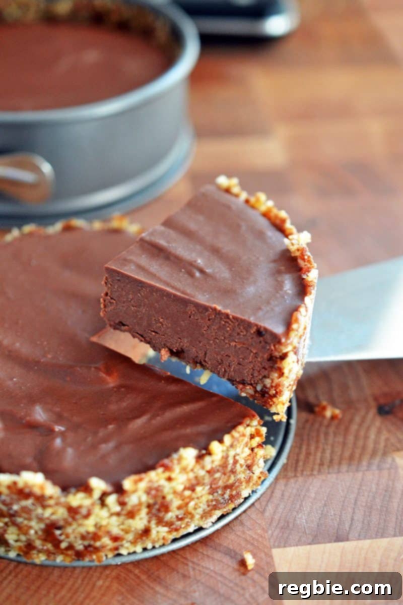 Paleo Vegan Gluten Free Chocolate Graham Cracker Pie 2 A perfectly sliced piece of paleo chocolate pie, showcasing its rich chocolate filling and a thick, raw graham cracker crust, ready to be enjoyed.