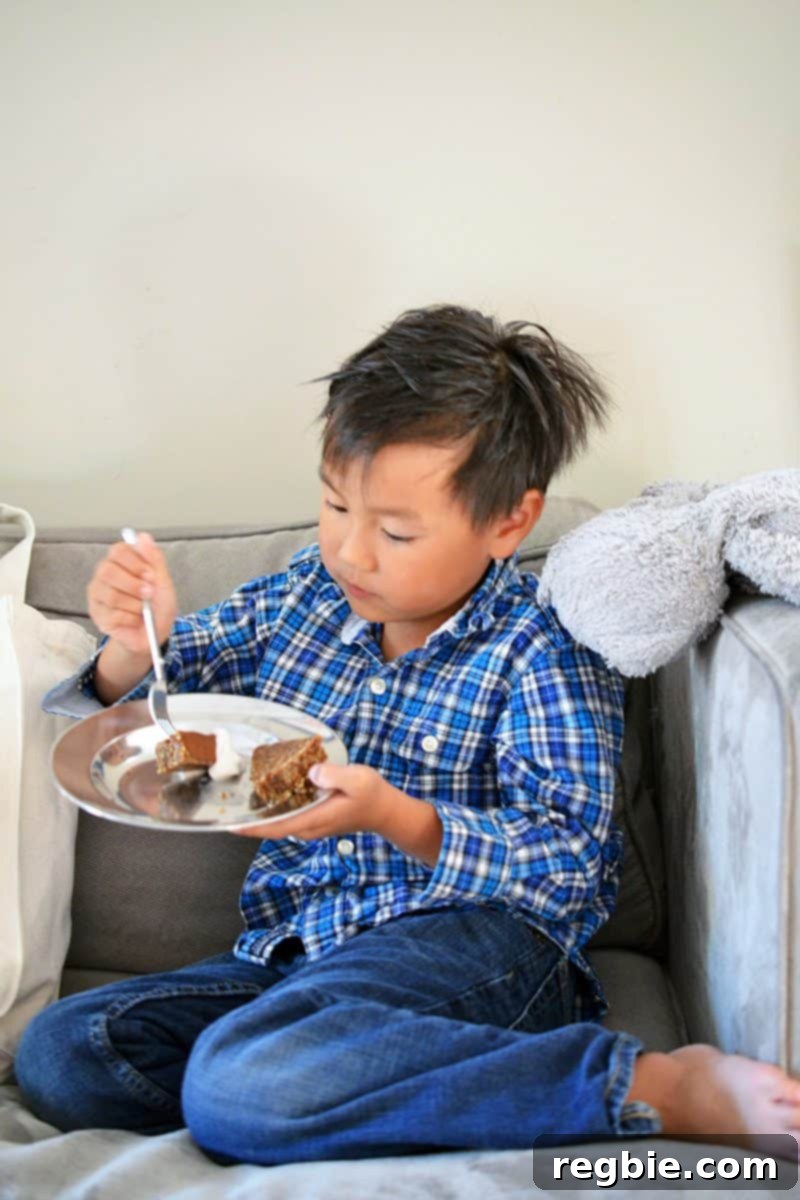 Paleo Vegan Gluten Free Chocolate Graham Cracker Pie 17 A young Asian boy happily enjoys a slice of paleo chocolate pie while sitting comfortably on a gray couch, showing genuine delight.
