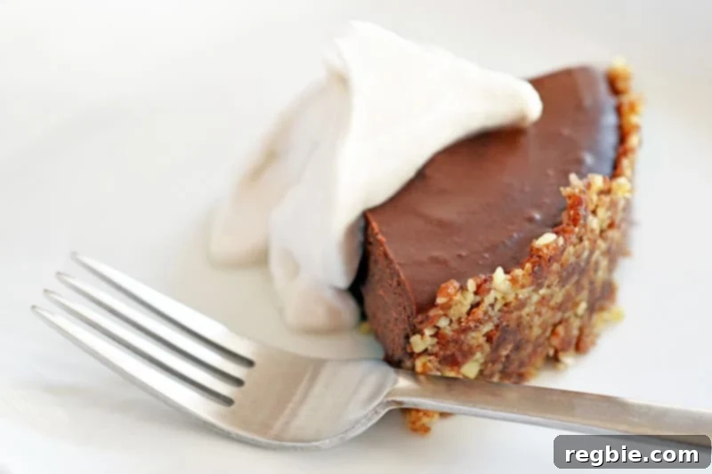 Paleo Vegan Gluten Free Chocolate Graham Cracker Pie 3 A close-up of a slice of paleo chocolate pie, topped with a delicate dollop of whipped coconut cream, emphasizing its creamy texture and rustic crust.