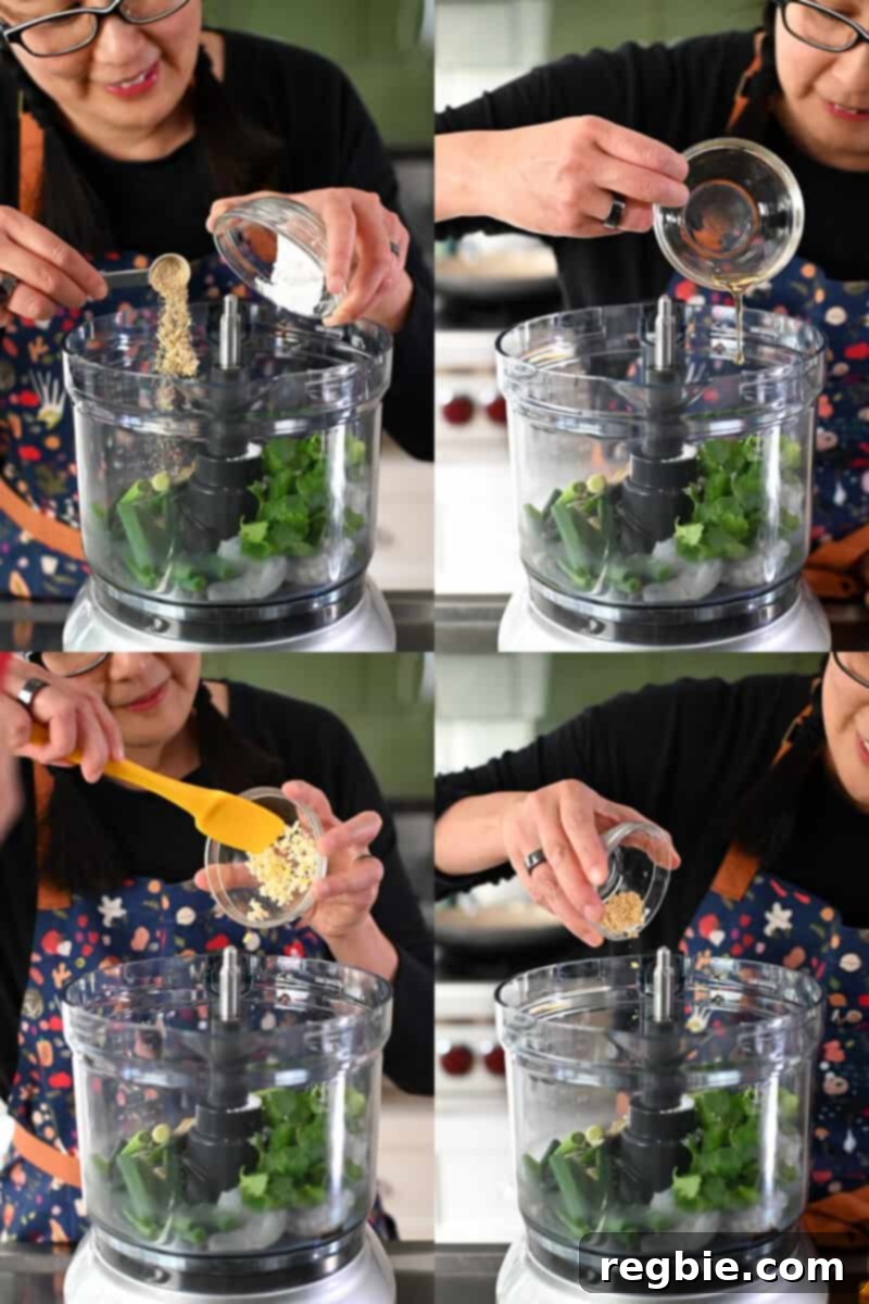 Wholesome Paleo Shrimp Toast 6 Four process shots showing an Asian woman adding the shrimp toast ingredients to a food processor in sequence.