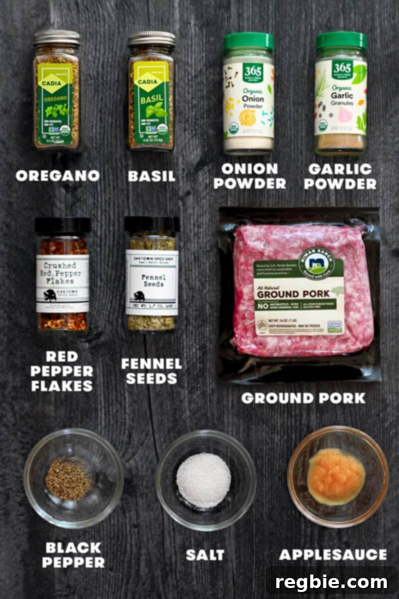 An overhead shot of the labelled raw ingredients to make Whole30 Italian sausage.