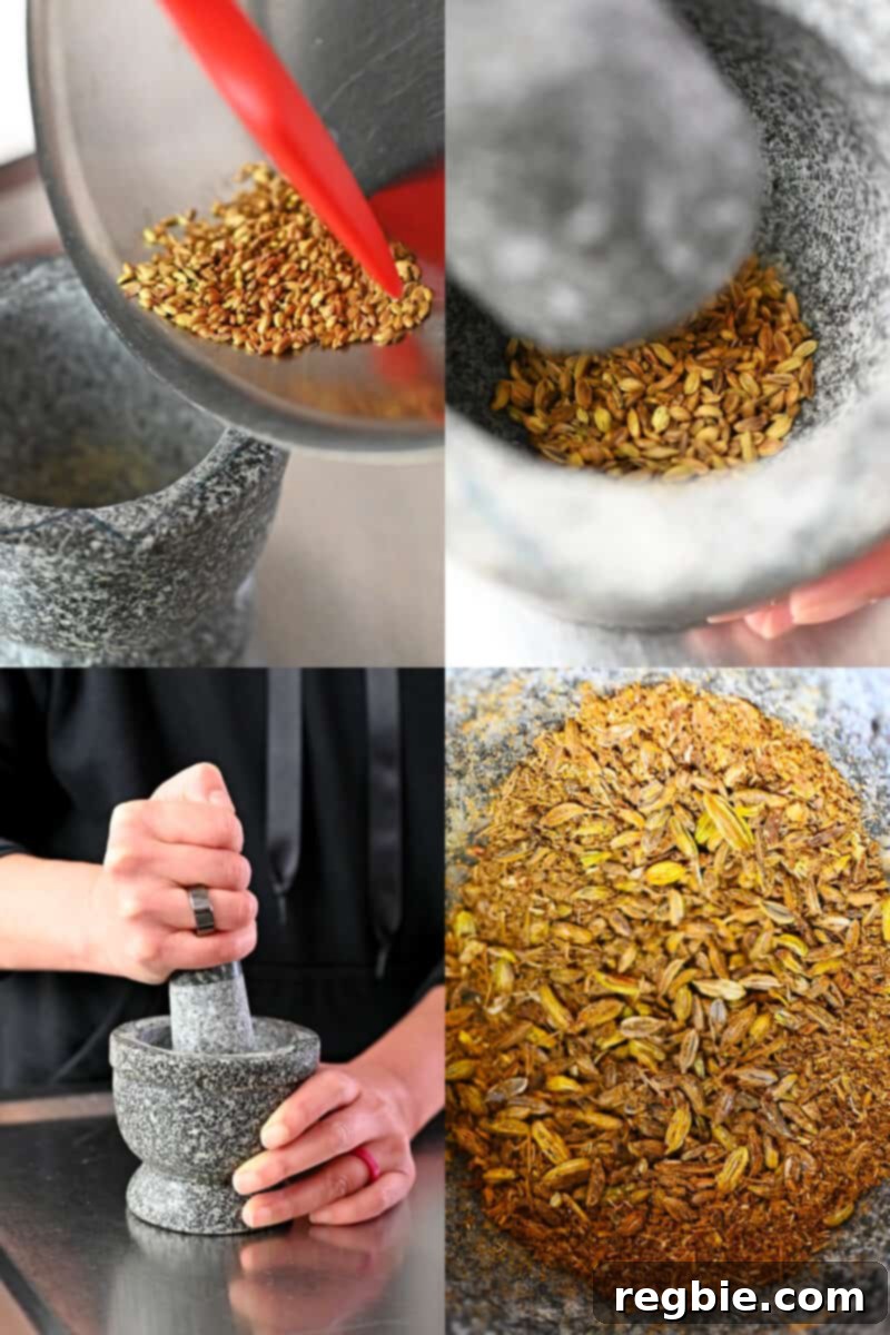 Four process shots that show toasted fennel seeds being crushed in a mortar and pestle.