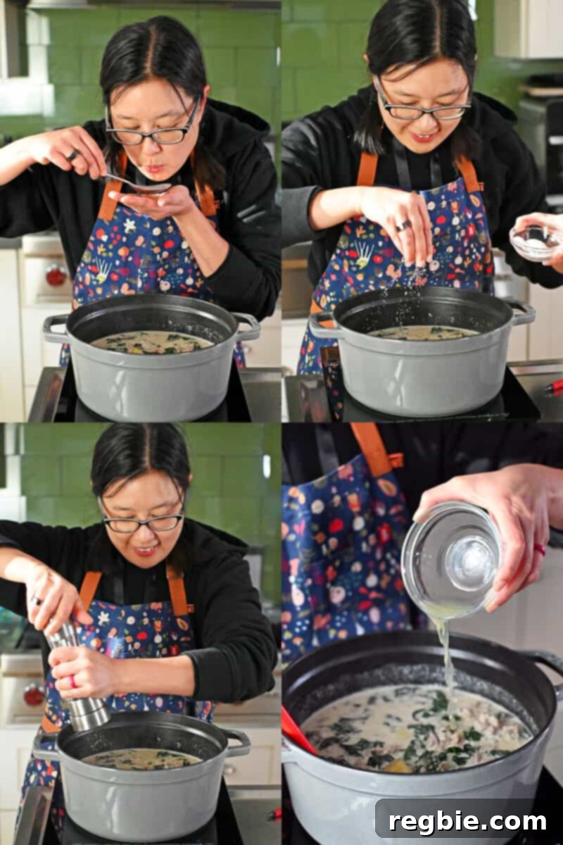 Four shots of an Asian woman tasting and seasoning a pot of Zuppa Toscana.