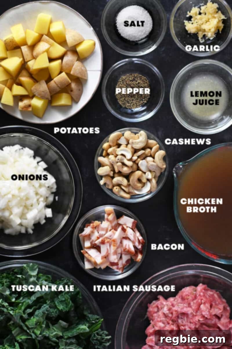 An overhead shot of the raw ingredients to make Whole30 Zuppa Toscana.
