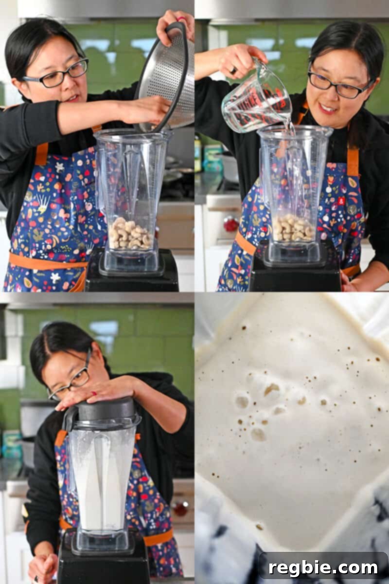 Four process shots that show how to blend cashew cream in a blender.