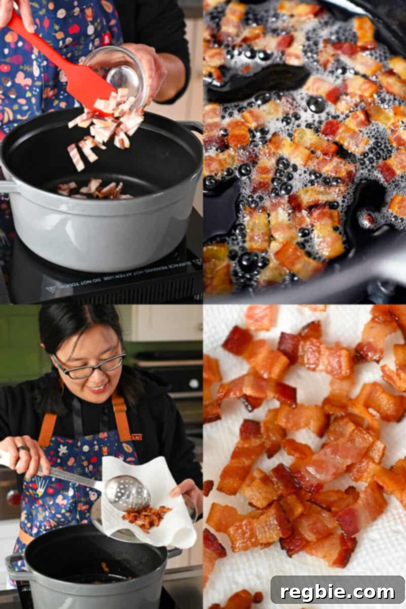 Four process shots that show bacon bits being fried until crispy in a dutch oven and being drained on a paper towel lined plate.