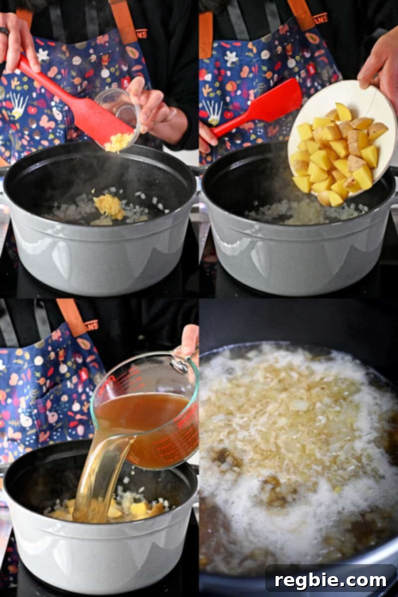 Four process shots that show someone adding minced garlic, cubed potatoes, and chicken broth into a pot to make Zuppa Toscana.