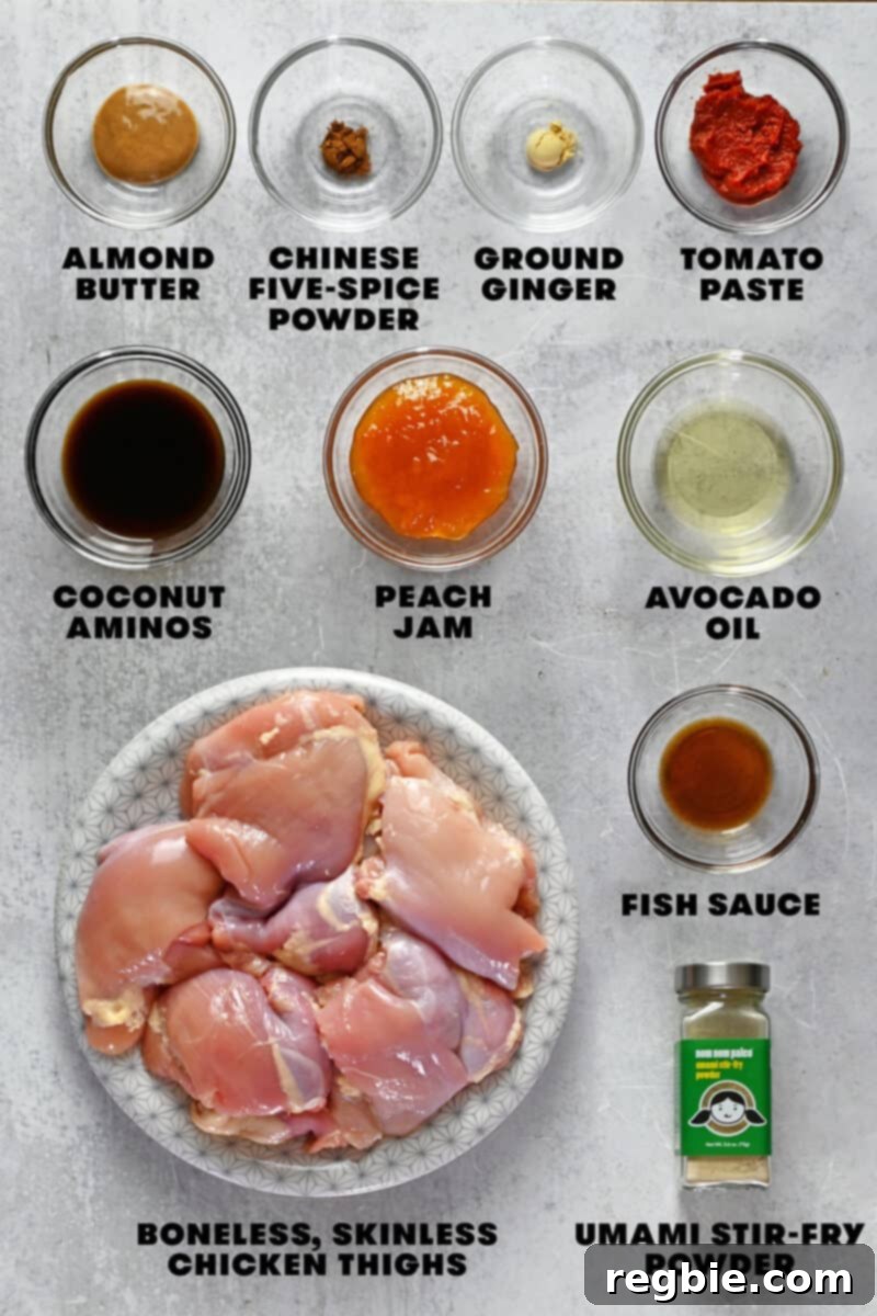A collection of Char Siu sauce ingredients laid out, including a jar of jam, coconut aminos, tomato paste, almond butter, and spices.