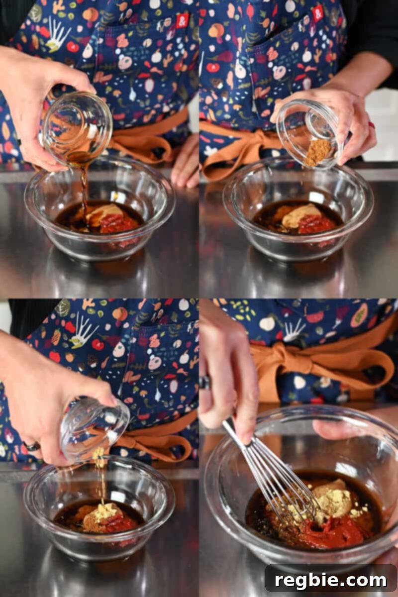 Adding various paleo Char Siu sauce ingredients into a bowl before whisking them together.