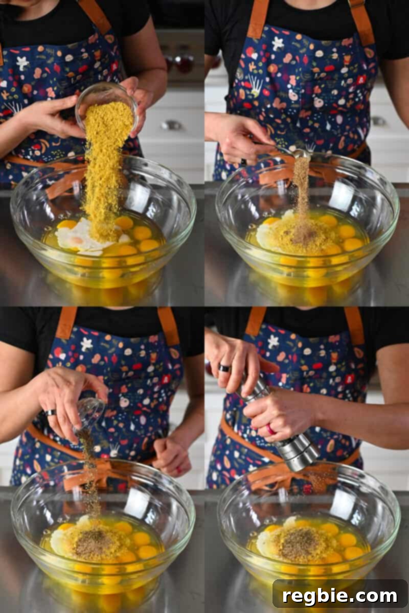 Four sequential shots demonstrating the preparation of the egg mixture: adding nutritional yeast, Magic Mushroom Powder, dried basil, and freshly cracked pepper to a bowl of raw eggs, ready for whisking.