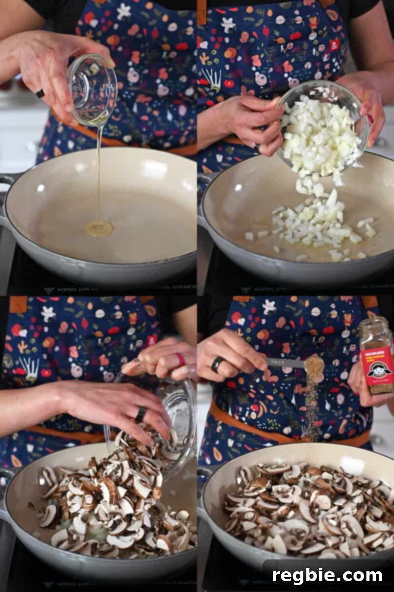 A sequence of four shots illustrating the initial steps of cooking: adding avocado oil, chopped onions, and sliced mushrooms to a hot cast iron skillet to begin the casserole filling.