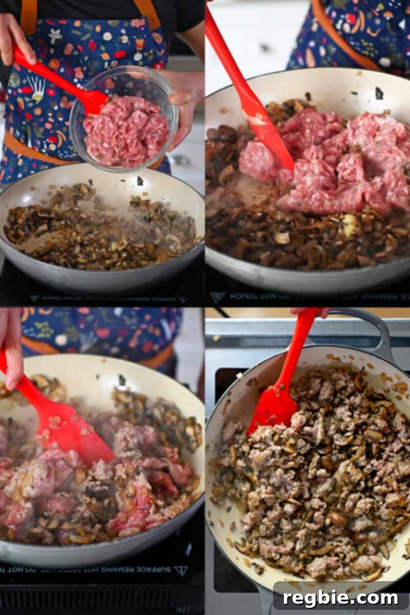 Four sequential shots capturing the process of adding bulk Italian sausage to a pan of sautéed mushrooms and onions, then cooking and breaking it up until it's perfectly browned and no longer pink.
