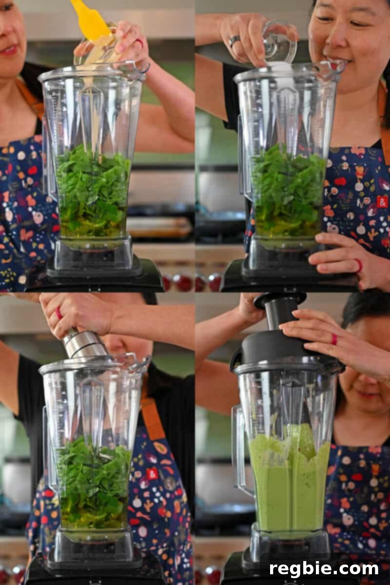 Four sequential shots that visually guide the process of adding fresh ingredients for vegan and Whole30 green goddess dressing into a Vitamix blender and then blending it to perfection.